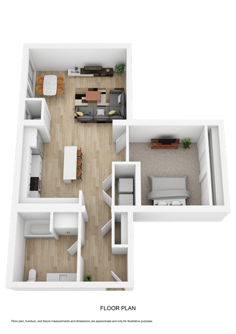 A 3D floor plan of a small apartment with two bedrooms, a living room, and a kitchen.